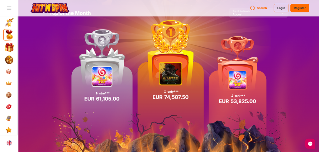 Promotions page at HitNSpin listing the spins offer