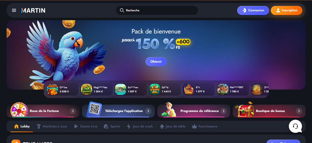 Account page at Martin Casino with the bonus balance shown